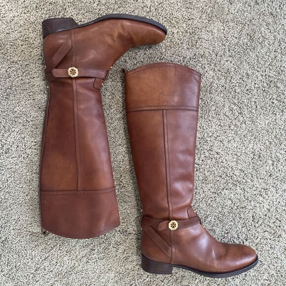 TORY BURCH BRITA Brown Leather Riding Boots 7.5 Gold Logo Tall Knee High Womens - Picture 2 of 16